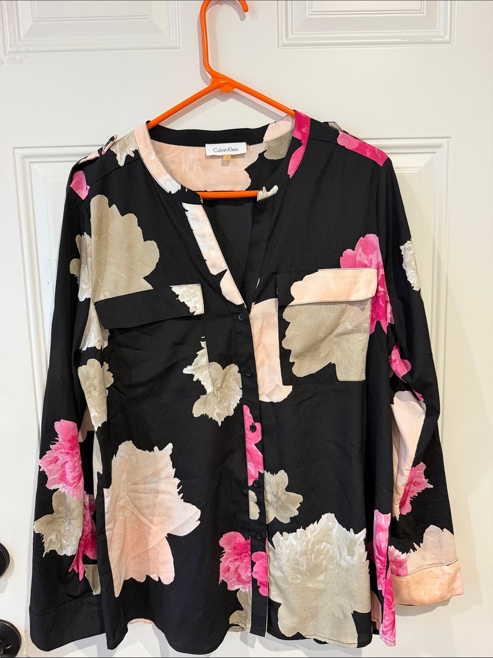 Calvin Klein Black Floral Button-Front Blouse with Pink and Beige Blooms